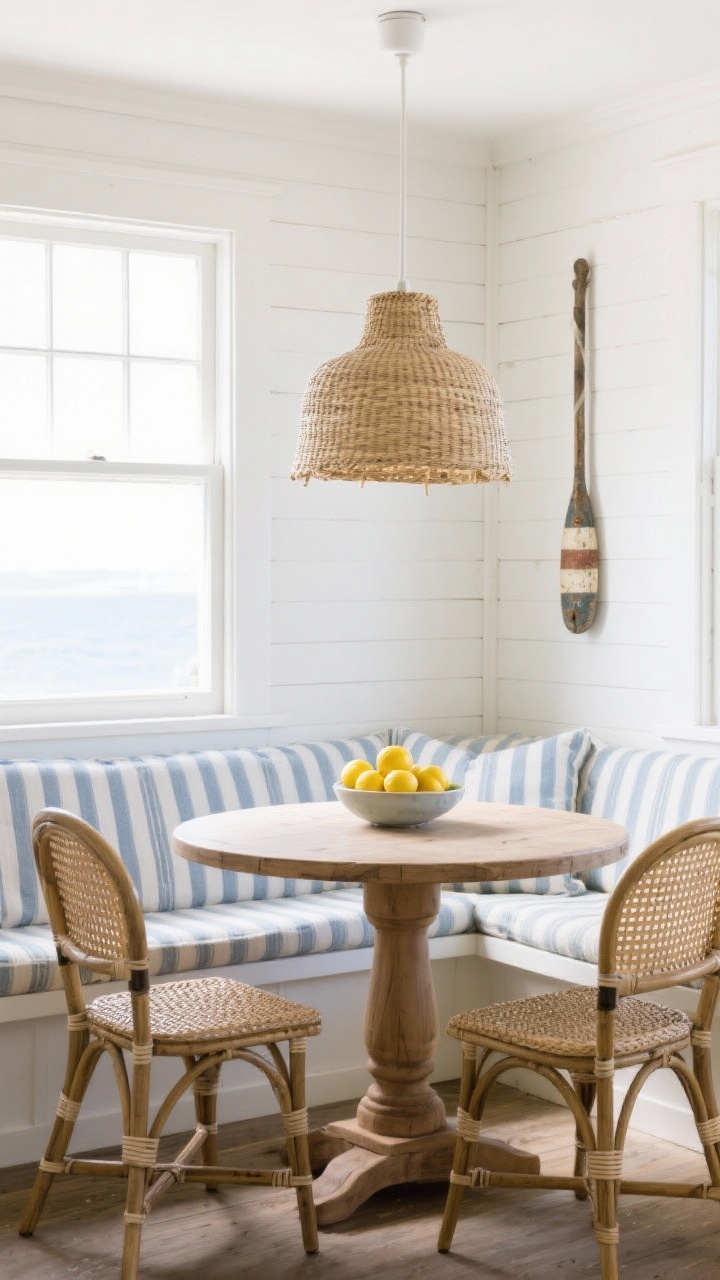 Medium, window-side shot of a coastal cottage dining nook: white shiplap banquette with striped cushions, a round pedestal table in natural oak, two rush-seat bistro chairs, a woven seagrass pendant overhead, white, sand, sea blue, and lemon palette, bowl of lemons on the table, and a subtle vintage buoy or oar art piece; bright, airy morning light.