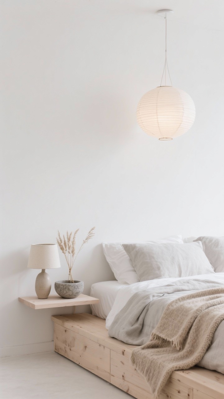 Minimal, photorealistic detail shot from bedside height: bone-white walls, light oak low-leg platform bed; layers of undyed linen, oat-colored wool blanket, and pale gray textiles; floating pale wood nightstand shelf holding a single ceramic lamp, a stone bowl, and a small bundle of dried grasses; soft, diffuse glow from a paper lantern pendant above, serene Scandinavian rustic minimal mood.