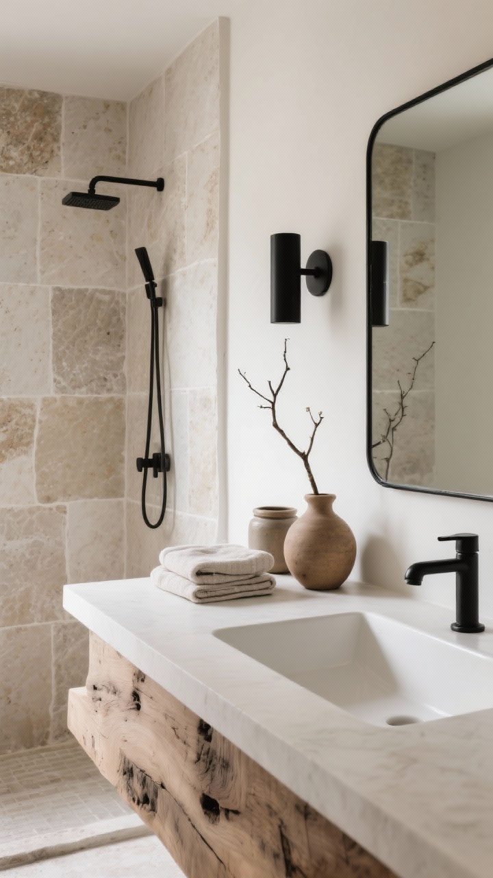 Minimal rustic closeup/medium shot: limewashed stone tile in the shower with subtle variation, a thick oak slab vanity, and thin framed black mirrors; wall-mounted matte black faucets over a micro-edge white sink; styled simply with ceramic jars, folded linen hand towels, and a single branch in a clay vase; low-contrast palette of bone, oat, and ash; soft, even illumination; photorealistic.