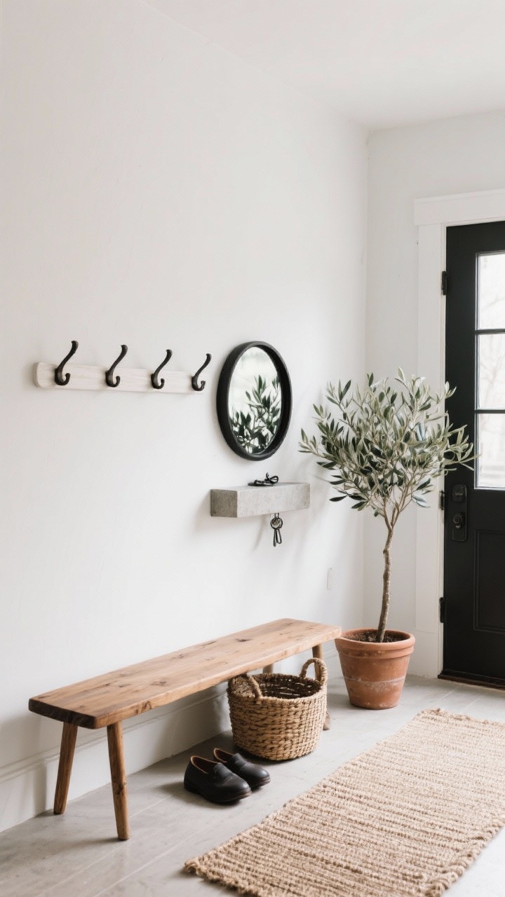 Minimal rustic entryway, detail-oriented medium shot: Shaker-style peg rail mounted along a white wall with a natural oak solid wood bench beneath, woven basket for shoes, matte-black round mirror, small slab console for keys, flat jute runner on the floor, and a single olive tree in a simple clay pot; diffuse daylight, clean composition.
