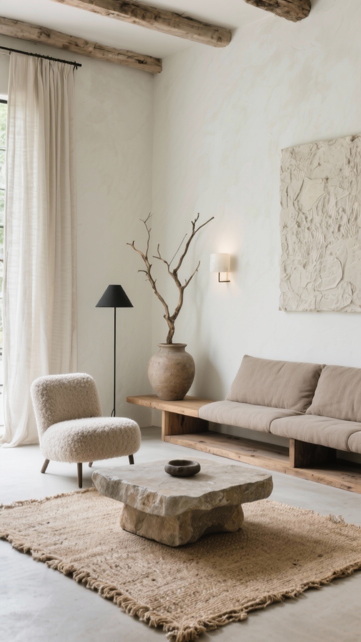 Minimal Rustic wide shot: limewashed walls, taupe linen sofa, oversized stone coffee table; oak bench along one wall with a low media ledge; single bouclé armchair; natural jute rug and raw-edge linen curtains; slim black floor lamp and an alabaster sconce casting soft, diffused light; one sculptural branch in a large vessel and textured wall art, no clutter; serene and airy, photorealistic.