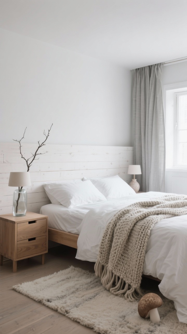 Minimal Scandinavian rustic bedroom, wide shot: whitewashed plank headboard, floating oak nightstands with hidden drawers, crisp white bedding topped with a chunky knit throw in mushroom, pale wool rug, ceramic bedside lamps, a single branch in a clear glass vase, and linen blackout curtains; soft gray morning light, calm and airy.