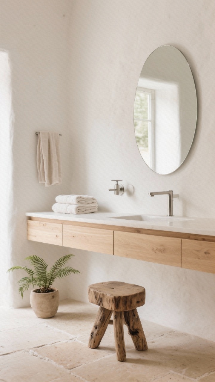 Minimal Scandinavian rustic, detail-to-medium shot: blonde ash vanity with clean lines, pale limestone floor, and soft white tadelakt walls; brushed stainless fixtures and a frameless oval mirror; linen towels neatly folded, a stool made from reclaimed elm beside the vanity, and a tiny potted fern; palette of oat, cream, and warm sand; soft diffuse daylight for spa-like calm; photorealistic.