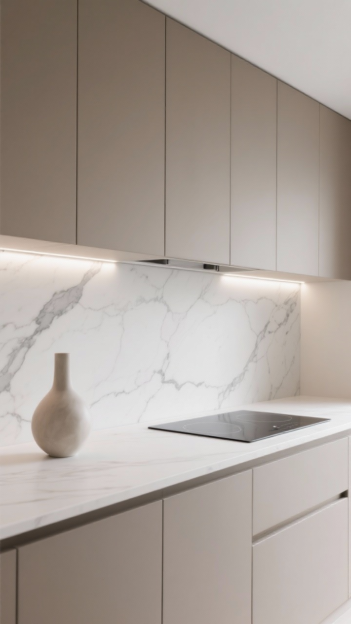 Minimalist detail shot: one continuous slab of white marble with grey veining running from counter to upper cabinets, flat-front taupe cabinets with integrated pulls, thin-profile white induction cooktop flush with the counter, two low-profile LED strips casting even light, a single sculptural vase on the counter; ultra-clean, serene atmosphere, closeup angle focusing on veining and crisp lines.