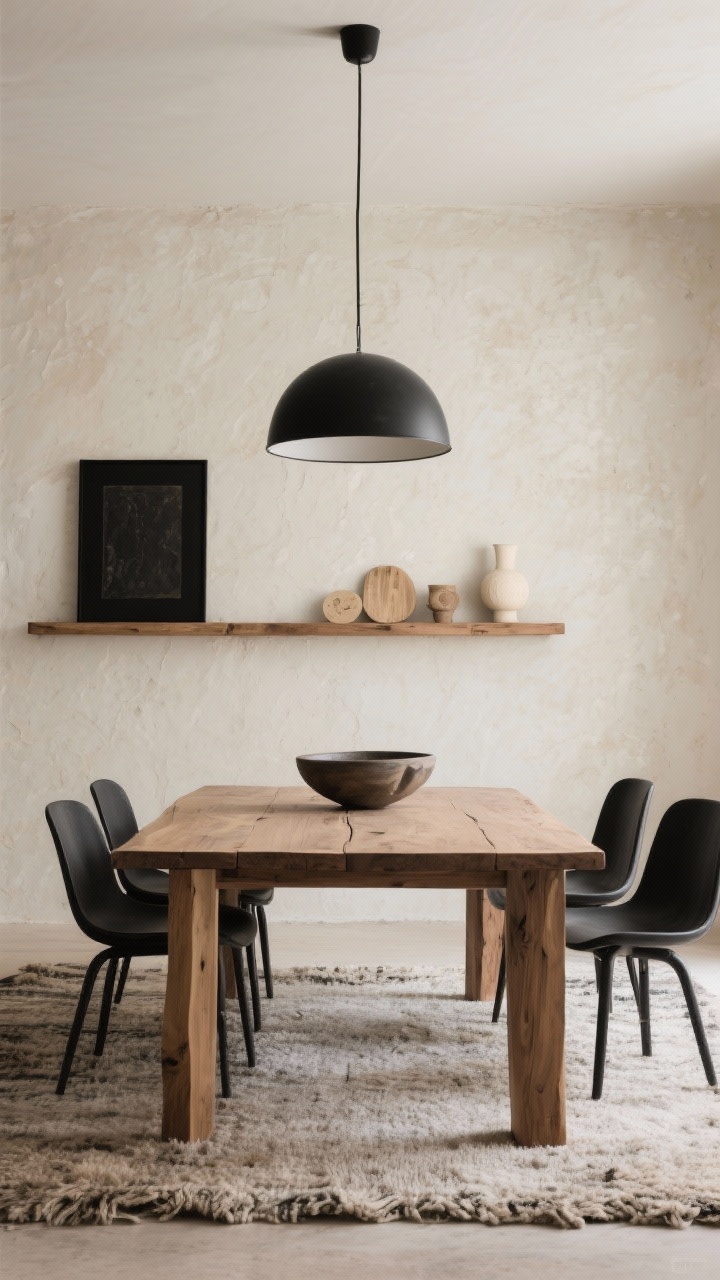 Minimalist rustic detail shot, straight-on: rectangular oak table surface left bare with a single sculptural ceramic bowl centerpiece, slim matte black chairs tucked in, limewash wall texture behind, nubby wool rug edge visible, black dome pendant centered above casting a quiet, focused light, black-framed art and a floating wood shelf with 3–5 restrained objects; palette oat, natural oak, matte black, bone.