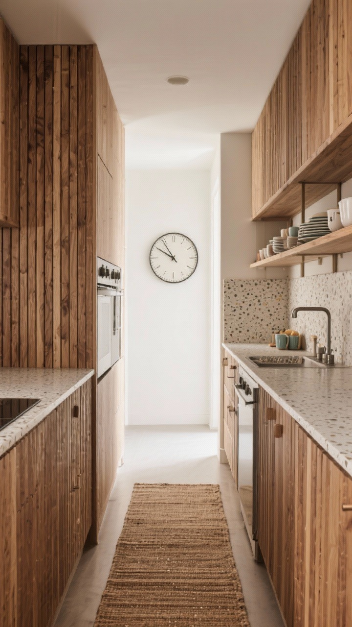 Narrow galley kitchen, perspective down the corridor: vertical slatted oak cabinet fronts wrapping both sides to elongate the space, a light terrazzo countertop continuing as a short backsplash, a run of narrow open shelves holding plates and mugs to keep counters clear, warm neutral runner rug leading the eye, a single large round wall clock at the end as a friendly focal point; gentle daylight, cozy and efficient.