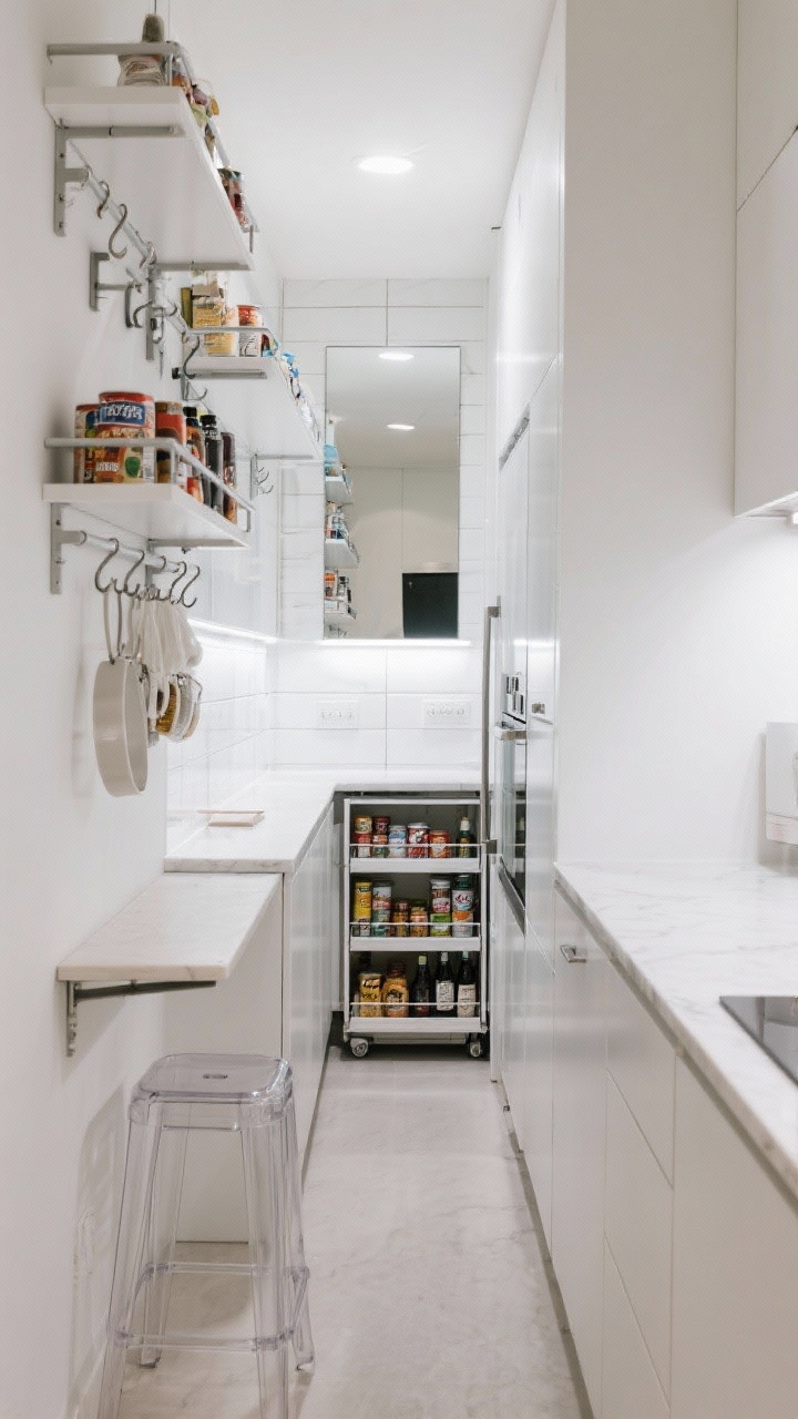Narrow galley, wide angle emphasizing height: ceiling-high wall rails with adjustable shelves and hanging hooks packed neatly; seamless simple lower cabinets; a narrow rolling pantry between fridge and wall pulled out with canned goods and bottles; glossy white tile reflecting light, under-cabinet LED strips, and mirrored backsplash panels visually doubling the space; acrylic stools and a tiny fold-down prep ledge; bright compact efficiency.