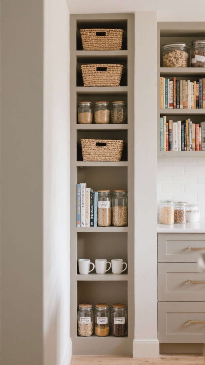 Narrow vertical shot, floor-to-ceiling: A slim wall transformed into a floor-to-ceiling narrow shelf stack in soft taupe. Alternating shelf heights fit cookbooks, matching glass jars with decanted grains at eye level, woven lidded bins up top for bulk items, and daily mugs on the bottom shelf. Clear, labeled organization for a pantry-meets-library look, even lighting, no people.