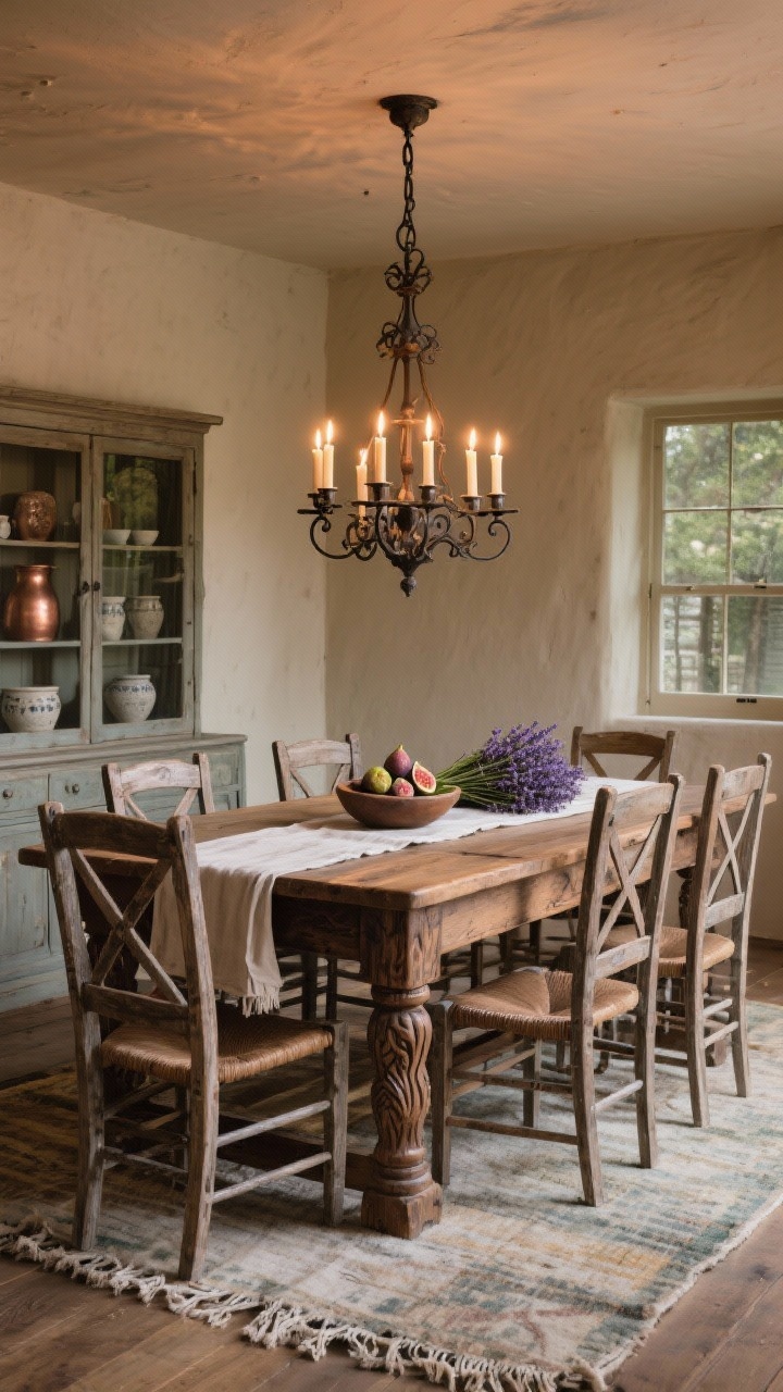 Old-world rustic dining room, straight-on wide shot: carved oak farmhouse table under a wrought-iron candelabra chandelier, surrounded by cross-back chairs in weathered wood, a glass-front hutch against the wall displaying stoneware and copper, a faded rug underfoot, linen runners with frayed edges on the table, a bowl of figs and a bundle of dried lavender as finishing touch; warm, candle-like evening lighting.