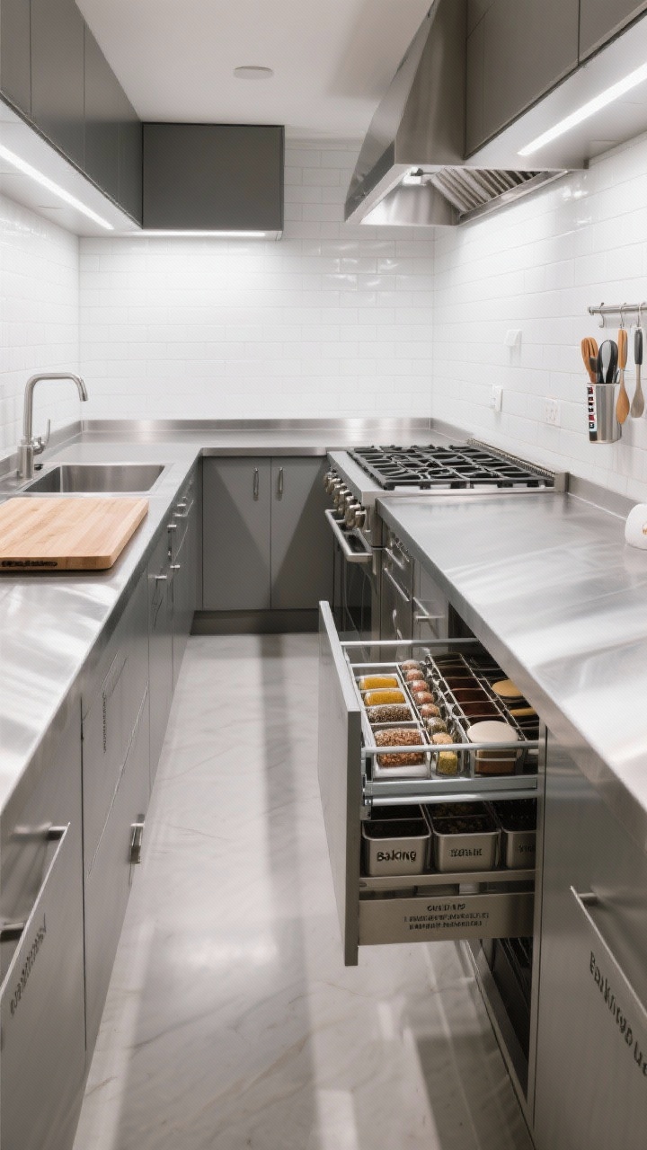 Overhead/angled medium, Compact Chef’s Galley: stainless counters, simple white tile; zoned layout visible—prep area left with over-the-sink cutting board in place, cook zone center with range, clean zone right with drying area; narrow pull-out spice rack open; pan divider organizing lids; short rail with tongs and thermometers; lower cabinet bins labeled for baking gear vs. everyday tools; crisp task lighting, photorealistic.