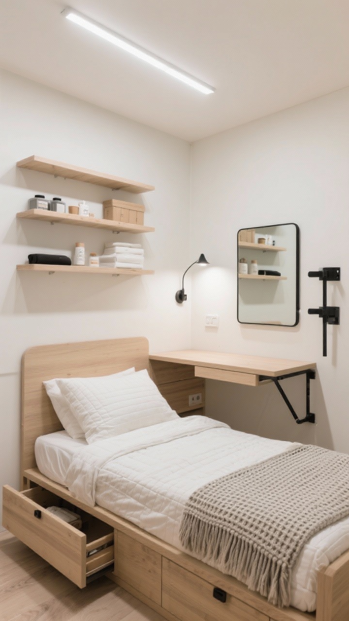 Overhead/angled medium shot: Urban micro-guestroom optimized for storage—ivory walls, birch veneer furniture, and a wall-mounted headboard with built-in shelves holding neatly arranged essentials; compact wall light, slim bed frame with visible underbed drawers slightly open; a fold-down desk partially deployed as a vanity with a small mirror; matte black pulls, thin quilt, and lightweight waffle throw; bright, space-amplifying lighting.