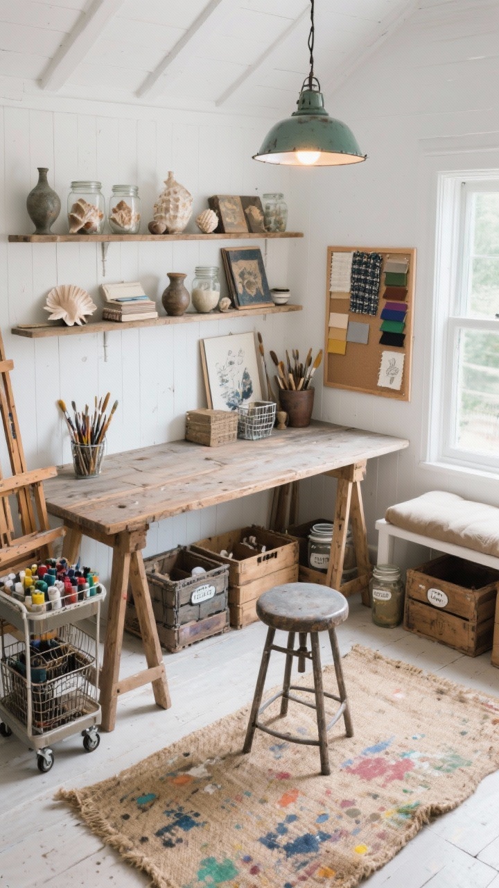 Overhead/angled studio shot: Artist’s cottage studio with whitewashed walls and a wide reclaimed plank worktable on trestle legs; easel and rolling cart of paints; pinboard with fabric swatches; open shelves lined with curiosities—seashells in jars, antique brushes, ceramic vessels, sketchbooks; crates, wire baskets, and labeled jars for storage; jute rug with paint splatters; enamel pendant casting bright honest light; sturdy stool and a cushioned window bench; open, tactile, creative energy, photorealistic.
