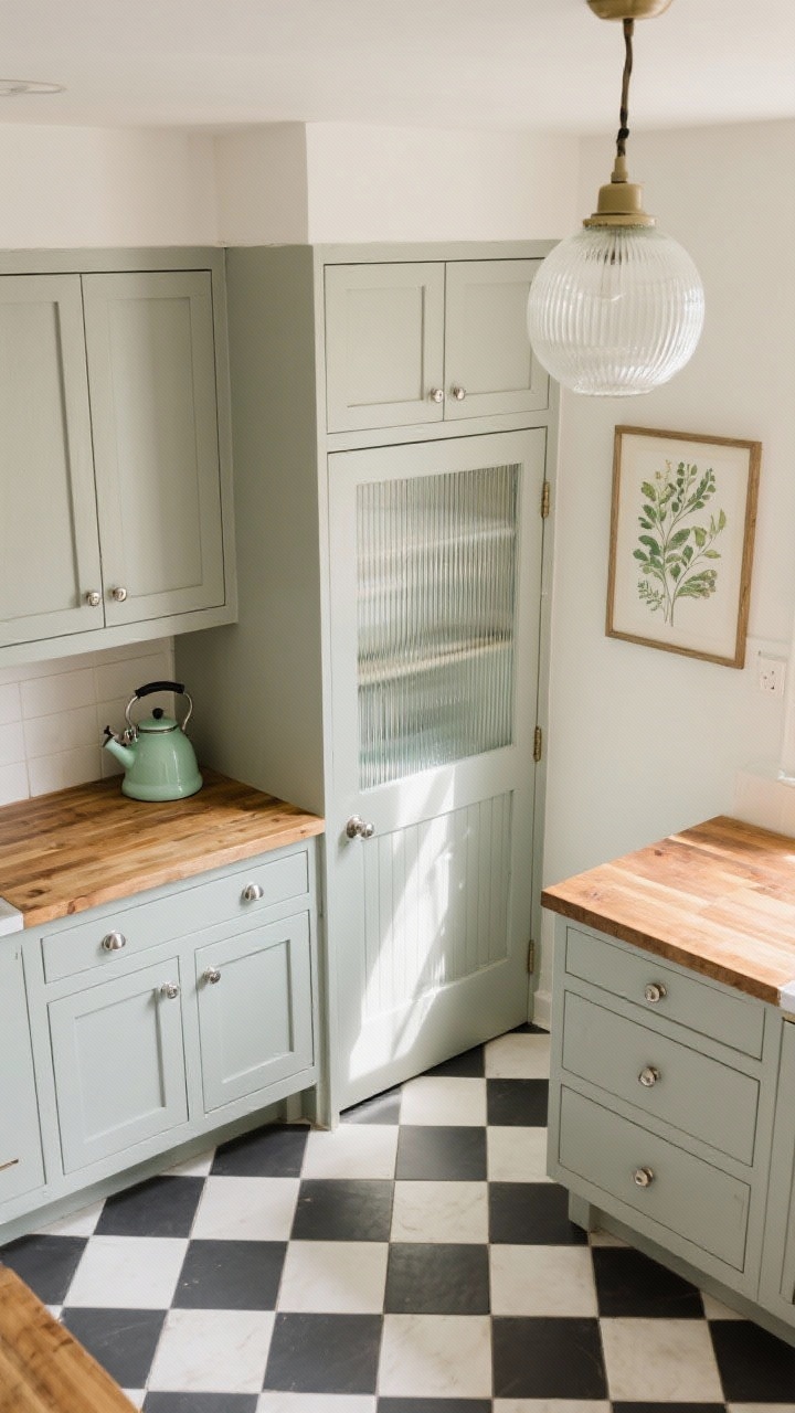 Overhead corner view highlighting vintage-modern mix: small-scale black-and-white checkered floor pattern, pale greige cabinet tops meeting a butcher-block work surface with warm grain, ribbed glass pantry door catching light; mint-green kettle near a framed botanical print, brushed nickel cup pulls visible on drawers, milk-glass globe pendant casting soft illumination; playful yet calm.