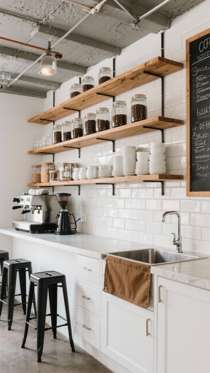 Overhead detail and partial wide hybrid: Light industrial café vibe with open oak shelves styled with jars of beans, manual espresso machine, and stacks of white ceramics. Below, white lower cabinets and a stainless apron-front sink. Small square white tiles to the ceiling with warm gray grout forming a tiled café wall. Black café stools at a slim counter, chalkboard panel with handwritten menu notes. Social, stylish, everyday livable.