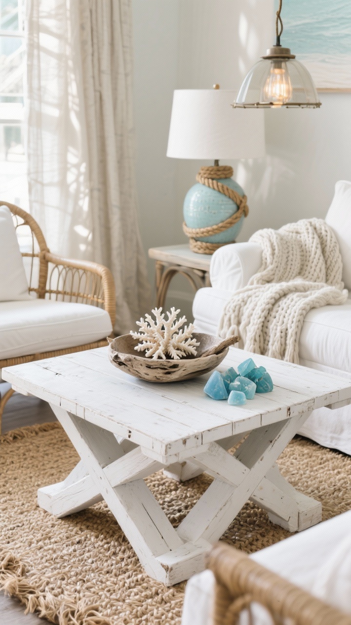 Overhead detail, Coastal Rustic coffee table vignette: whitewashed wood X-base coffee table styled with a driftwood bowl, coral replicas, and sea-glass blue accents; edges of white slipcovered sofa and rattan lounge chair visible; chunky knit throw, seagrass rug, and linen drapes casting soft shadows; rope-wrapped pendant and ceramic table lamp glow reflected subtly; palette of chalky whites, sea-glass blues, sandy beiges; breezy, photorealistic.