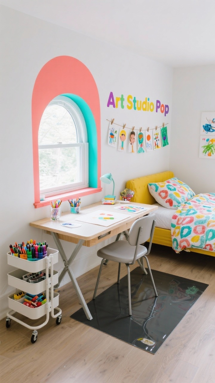 Overhead detail of an “Art Studio Pop” workspace: drop-leaf table under a window opened as an art station, white walls with a single bold color-blocked arch behind the bed in bright coral/teal/lemon visible at edge, clear bins on a rolling cart filled with paints and markers, easy-to-clean vinyl rug under the chair, clip rail along the wall displaying kid masterpieces, a stain-resistant duvet in a punchy pattern peeking into frame, bright natural daylight.