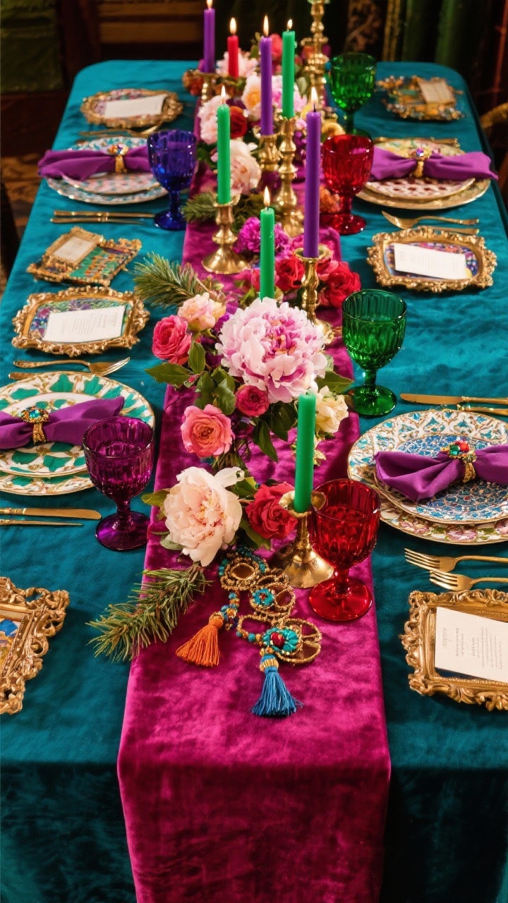 Overhead detail of jewel-tone maximalist feast: deep teal tablecloth topped with a magenta velvet runner; clustered emerald, amethyst, and ruby glass candlesticks; mixed-pattern plates with gold cutlery; oversized blooms (peonies, ranunculus) with cedar interspersed; colored glass goblets, ornament place favors; tassel napkin ties, ornate baroque frames as mini menus; palette teal, plum, emerald, ruby, gold; rich, saturated lighting.