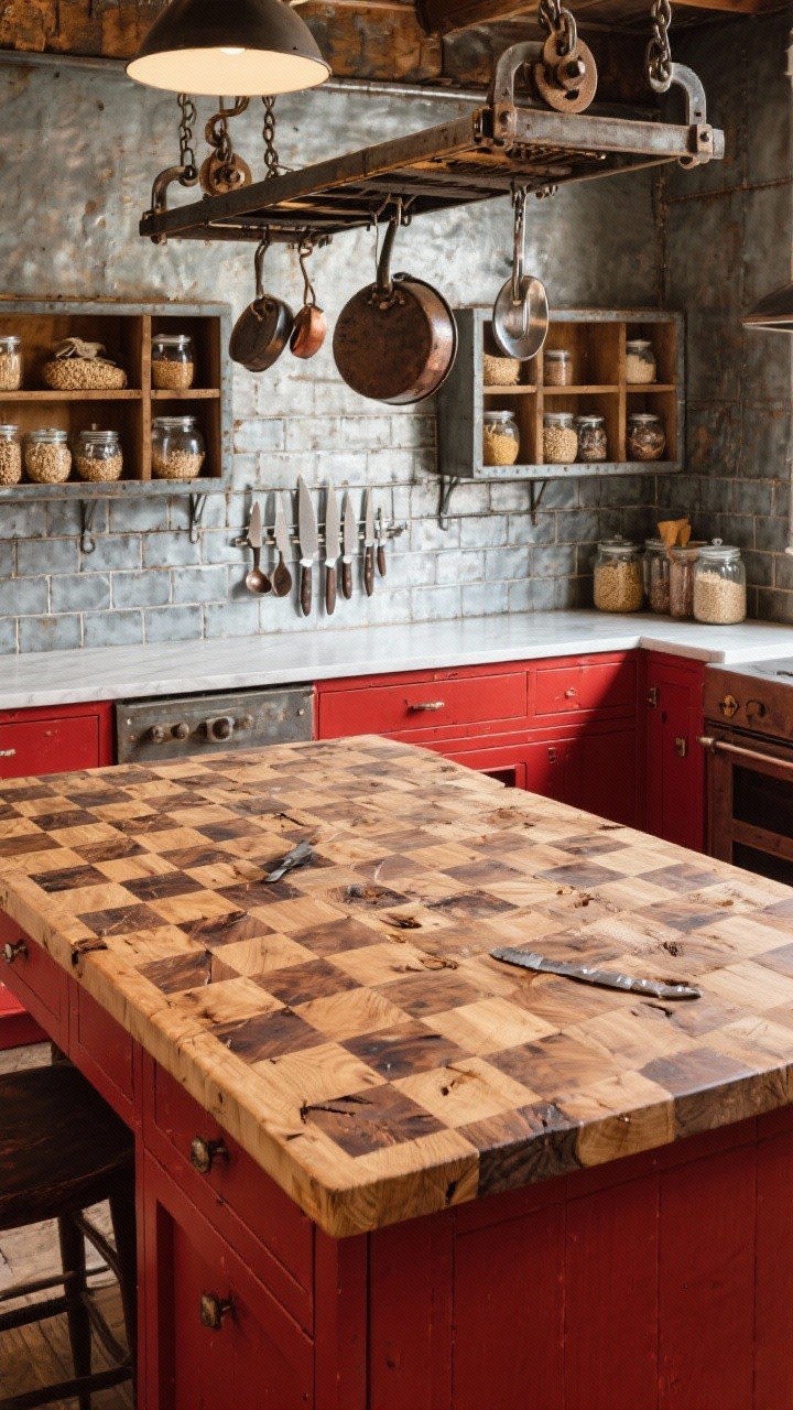 Overhead detail: Old-world butcher’s island showing a massive maple butcher block with end-grain checkerboard pattern, knife nicks and patina visible. Surrounding elements include oxblood red cabinet edges, a tin ceiling tile backsplash aged to a soft pewter, galvanized rails with knives and ladles, jars of grains in cubbies, and a pulley-style pot rack overhead. Photorealistic, workshop-style lighting.