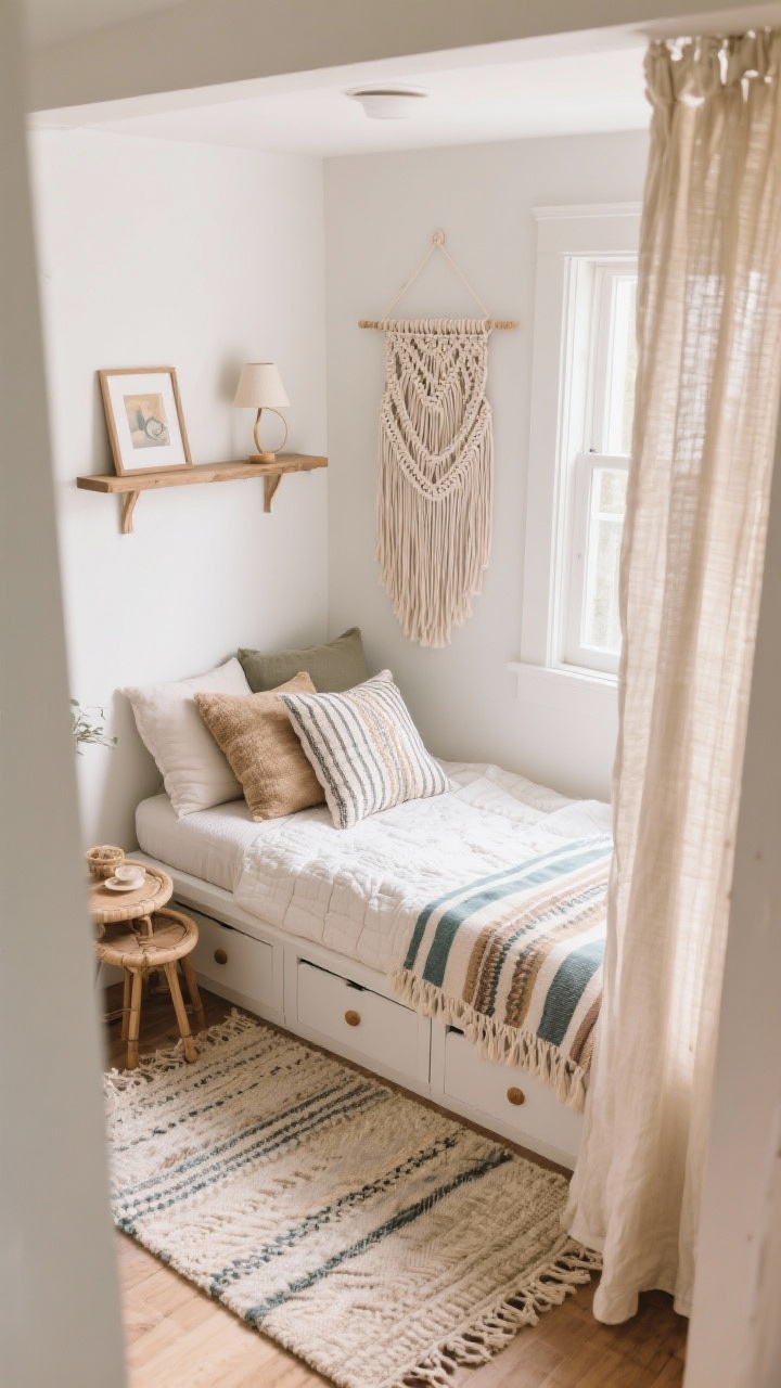 Overhead detail shot, Boho Studio Nook For Small Spaces: compact guest nook with a daybed with storage drawers; layered striped throws, textured pillows, lightweight quilt; half-wall shelf acting as mini headboard styled with small framed art and a petite lamp; macramé wall hanging adding height; soft curtain partially drawn to define the zone; flatweave rug and nesting side tables; palette soft neutrals with a single accent color; textures flatweave, macramé, washed cotton; gentle natural light, photorealistic.