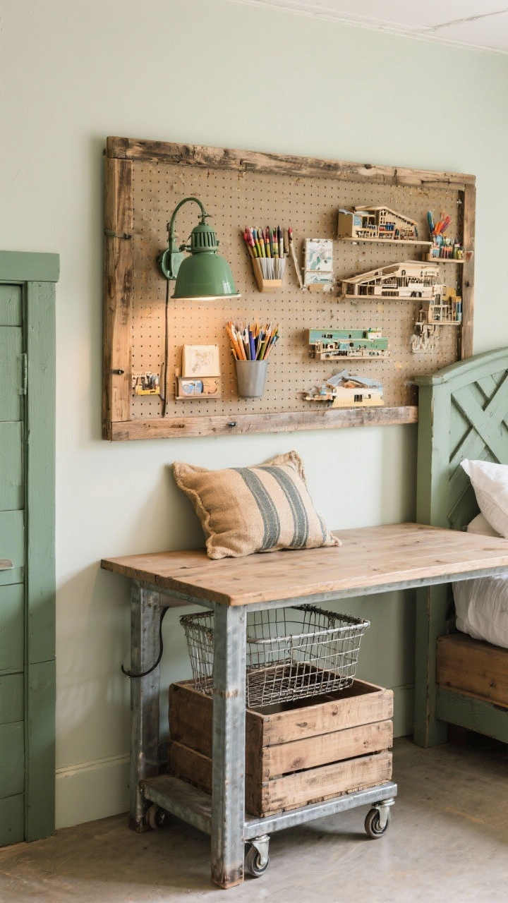 Overhead detail shot of a farmhouse workshop desk zone: soft putty wall with a pegboard framed in reclaimed wood mounted above a work surface, pegboard holding art supplies and model kits, green metal barn sconce illuminating the workspace, striped grain sack pillow on a nearby farmhouse X-panel bed edge, wire baskets and a rolling wooden crate beneath; palette of putty, sage green, galvanized metal, and pine; practical, hands-on feel.