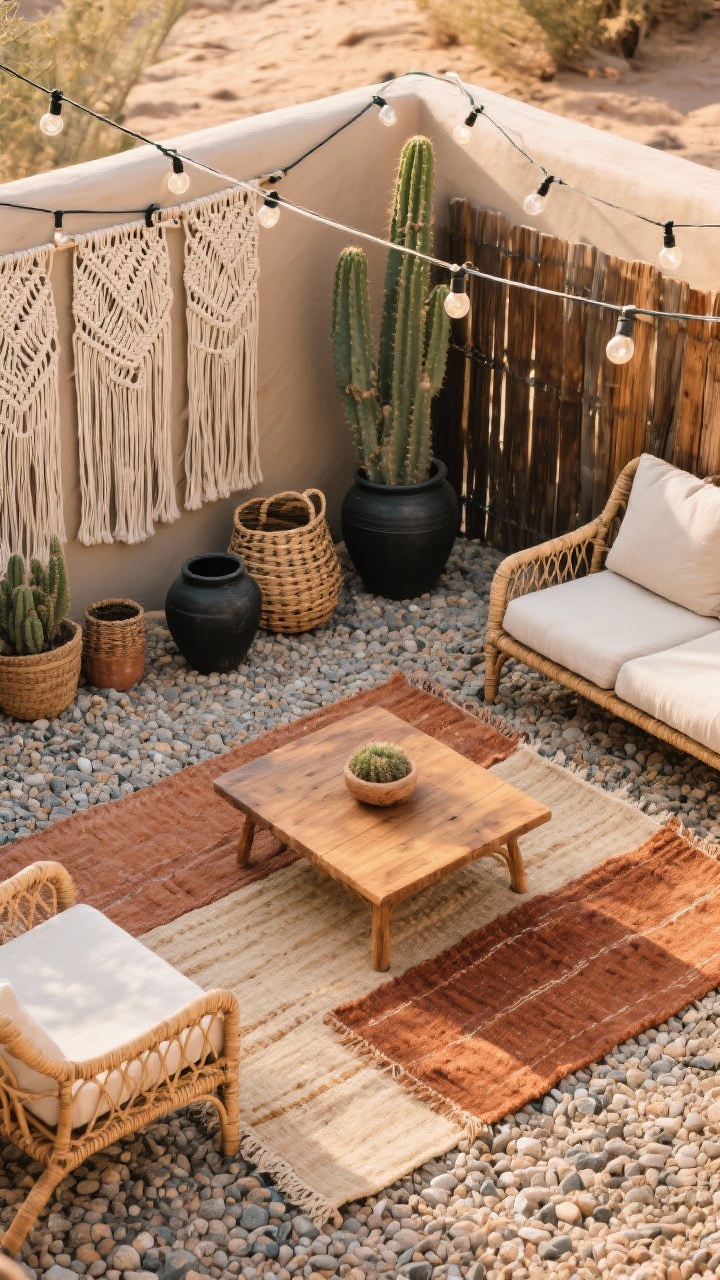 Overhead detail shot of a rustic boho gravel patio vignette: layered flat-weave outdoor rugs in clay, sand, and rust atop pea gravel; low mango wood coffee table centered; rattan lounge chairs with linen seat cushions partially in frame; macramé wall panel on fencing backdrop edge; string lights crisscross overhead; potted cactus, woven baskets, and black clay pots adding a desert-tinged rustic vibe; sun-warmed color palette.