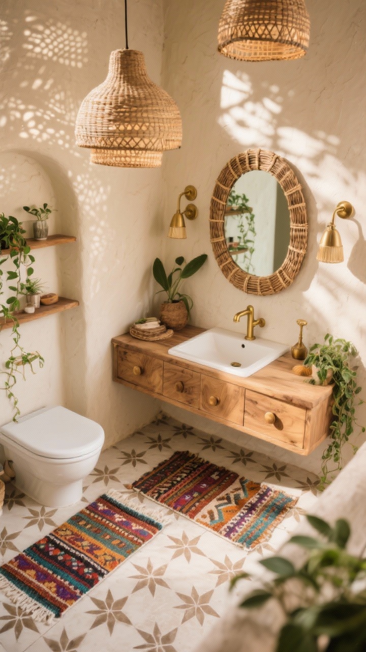 Overhead/detail shot of boho rustic styling: encaustic star-and-cross floor tiles, plaster walls in warm cream just visible at the edge; rattan-wrapped vanity mirror reflecting light; natural mango wood vanity with brass knobs; woven pendant lights above casting patterned shadows; colorful kilim bathmats and trailing plants on open shelves; brushed brass fixtures catching warm highlights; photorealistic.