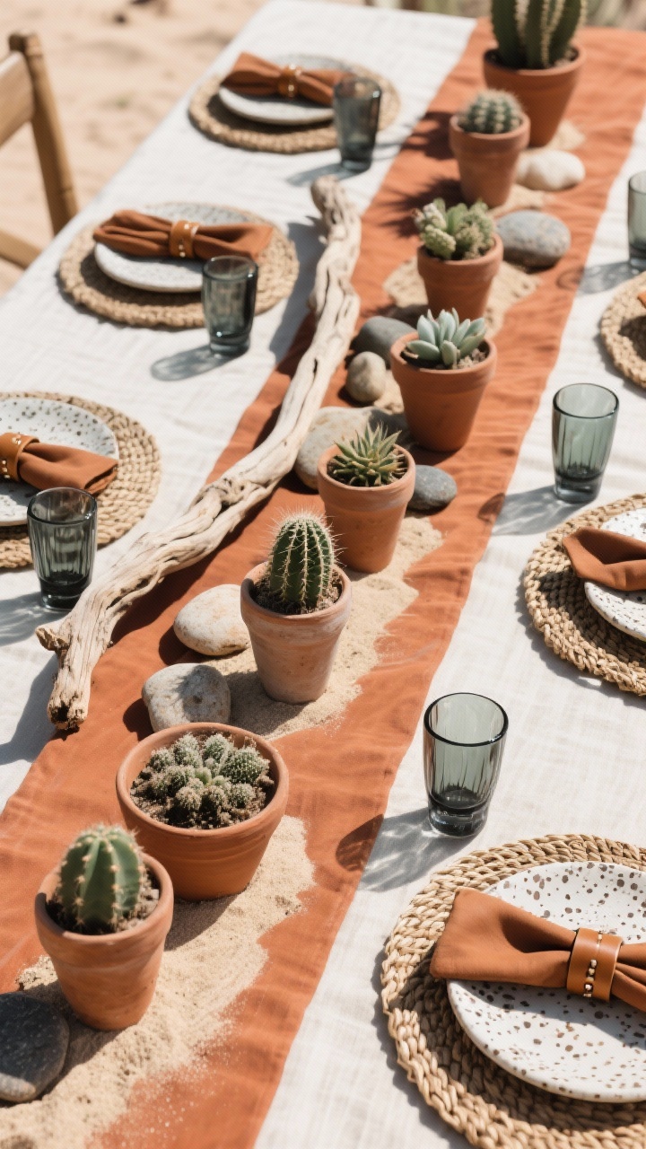 Overhead detail shot: Terracotta runner with clusters of unglazed clay pots holding mini cacti and dusty succulents. River stones and a light sprinkling of desert sand provide texture. Speckled ceramic plates, tan leather napkin rings, woven placemats, and smoky glass tumblers arranged neatly. A weathered driftwood branch rests along the runner as a sculptural element. Color palette: terracotta, sand, sage, charcoal. Bright, sunlit desert vibe.
