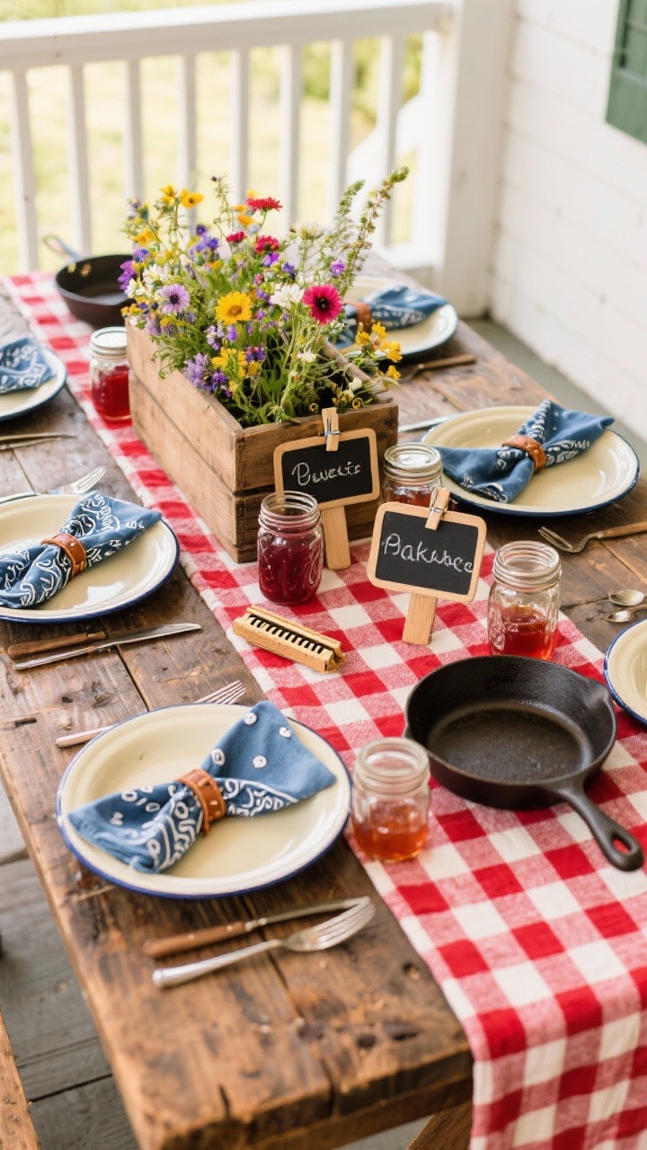 Overhead picnic tableau: Red-and-ivory gingham runner on a raw wood table. Enamel camp plates, mason jar sippers, and small cast iron skillets used as serveware. A wooden crate overflows with wildflowers and jam jars. Bandana napkins tied with leather cord, tiny chalkboard name tags clipped to jars, a harmonica tucked beside a place setting. Color palette: cherry red, denim, buttercream. Cheerful indoor porch vibe.