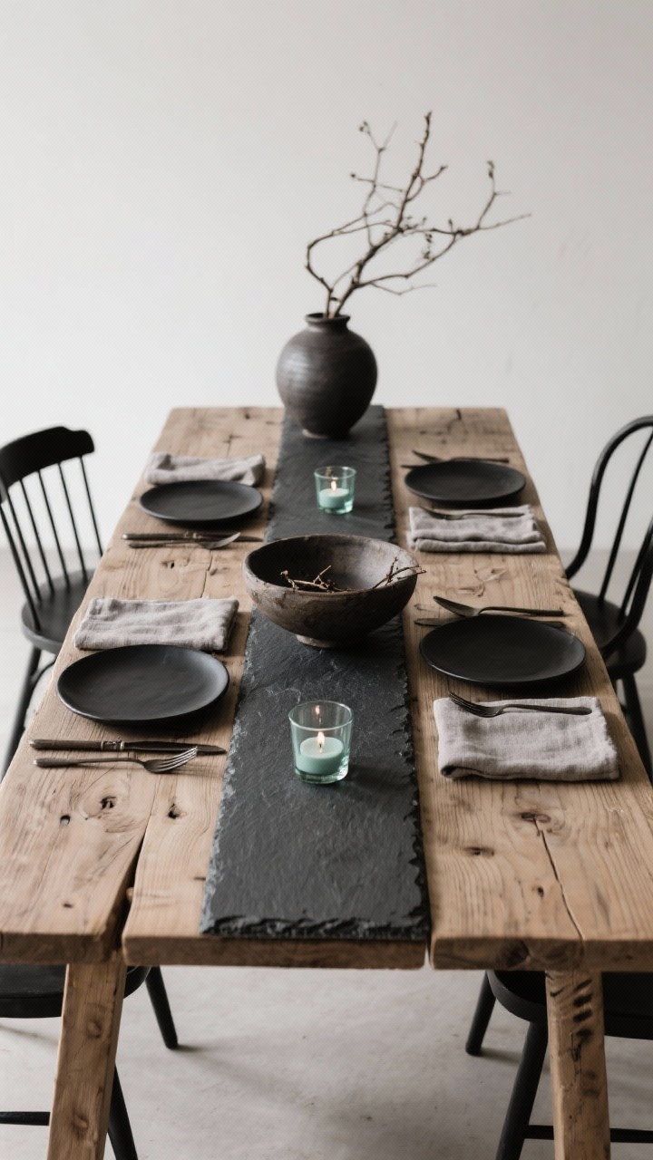Overhead shot, minimalist composition: Unclothed raw wood table showcasing prominent grain. A linear run of charcoal slate boards down the center topped with simple glass tealight holders. Place settings with matte black plates, forged iron flatware, linen napkins in mushroom gray. A sculptural ceramic bowl with foraged branches adds height at one end. Color palette: coal, taupe, putty, natural wood. Crisp, diffused lighting, modern rustic mood; black wishbone chairs partially visible.