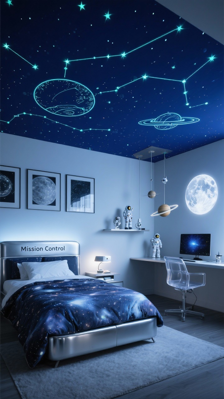 Photorealistic ceiling-forward medium shot of a Space Ranger Galaxy Room: deep midnight-blue ceiling dotted with glow-in-the-dark stars, constellation decal over the bed; sleek silver metal bed with cosmic-pattern duvet; projector night light casting galaxies across the room; compact workstation labeled “Mission Control” with clear acrylic chair and floating shelves; planet mobiles, astronaut figurines, moon-phase wall art trio; cool ice-white and silver highlights, dim cosmic lighting.