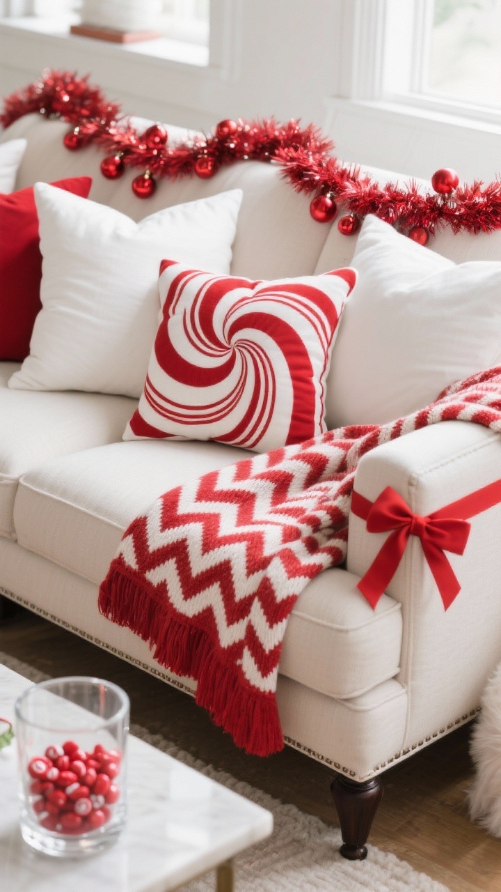 Photorealistic closeup detail: bright white pillows with red-striped candy cane covers and a bold peppermint swirl pillow centered on a neutral sofa. A red-and-white herringbone throw folded over the seat. A peppermint garland tucked along the couch back. On a nearby surface, a glass hurricane filled with red candies catches light. Palette: cherry red, bright white, clear glass. Textures: cotton twill, herringbone, glossy ornaments. Striped ribbon bows tied to sofa legs visible at the frame edge.