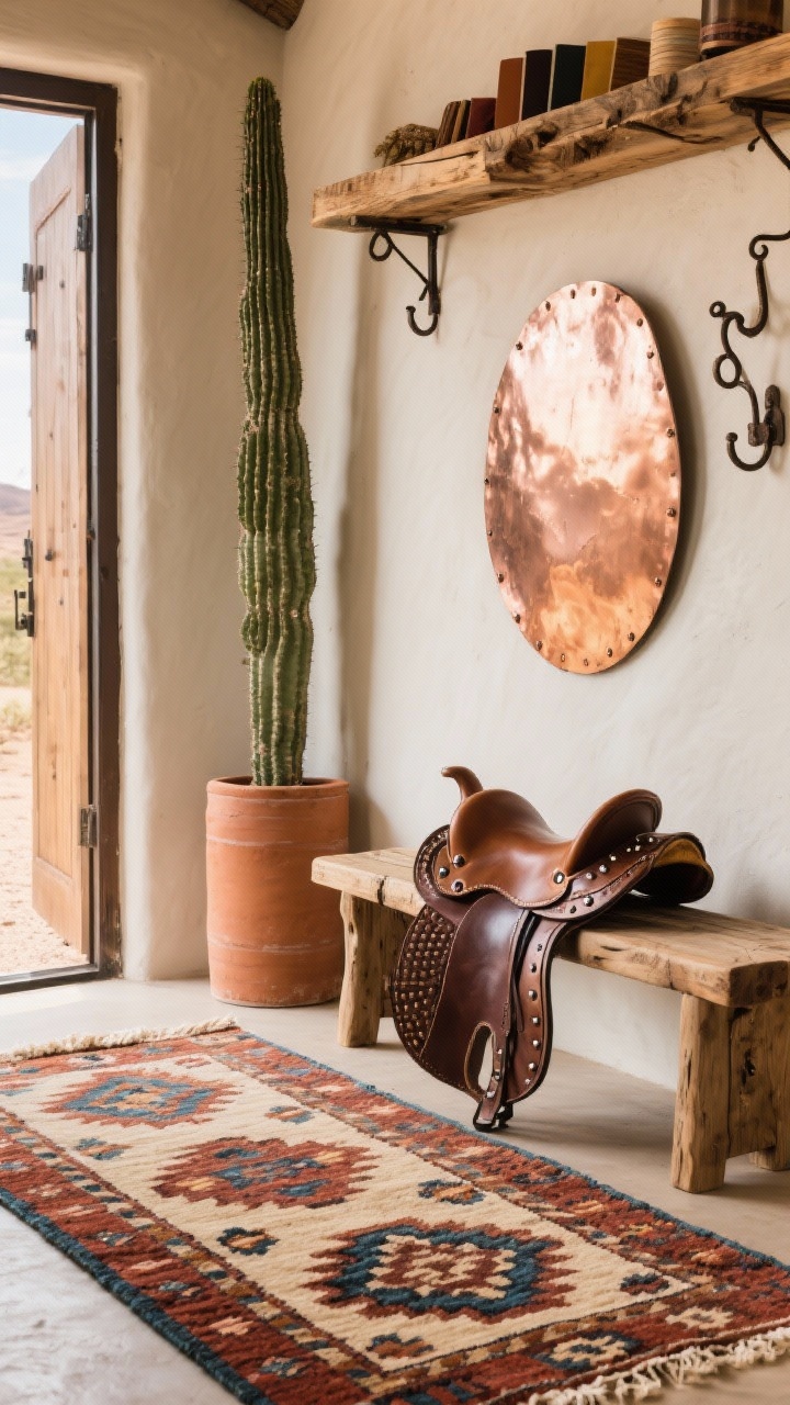 Photorealistic closeup detail from a desert ranch entry: vintage kilim runner in rust, indigo, and sand tones filling foreground; sturdy saddle-leather bench with rivet details partially in frame; reclaimed wood shelf overhead; tall cactus in a terracotta cylinder rising alongside; hammered copper mirror catching warm light; raw-iron hooks; sun-baked, grounded palette.