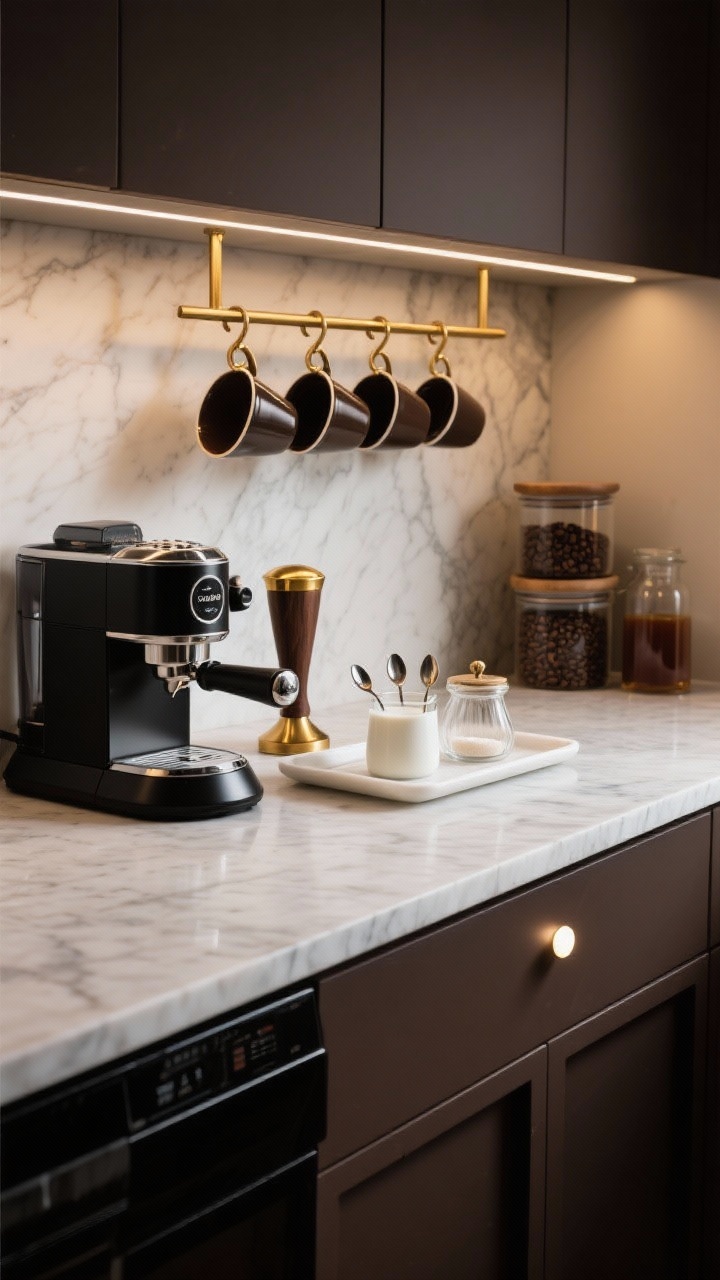 Photorealistic closeup detail of a moody espresso bar vignette: compact espresso machine beside a white marble tray holding a brass-capped milk frother, tiny spoons, and a glass sugar pot; short brass rail with S-hooks holding demitasse cups, dark walnut tamper stand, stacked glass canisters for beans and syrups; under-cabinet low-profile puck light casting a warm glow; palette of espresso brown, brass, black, and Carrara white.
