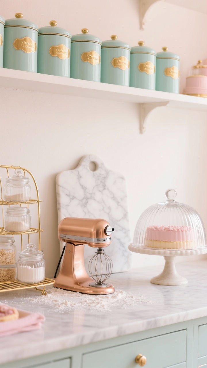 Photorealistic closeup detail of a Parisian patisserie baking station: pastel enamel canisters with gold labels aligned against an ivory wall, marble pastry board dusted lightly with flour, gold cooling rack propped like art; clear stackable glass jars of baking staples, rose-gold hand mixer resting on its stand; fluted glass cake dome on a petite stand; soft, diffused light, blush, mint, and gold tones.