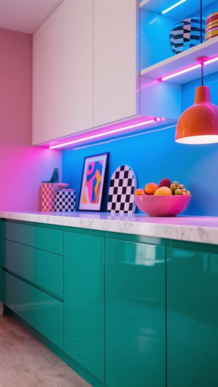 Photorealistic closeup detail of color-pop lighting: bold cobalt or emerald lower cabinets beneath white uppers and a crisp white quartz counter edge. A neon-style LED strip runs along an open shelf edge, glowing warm pink or electric blue; beneath, cool white under-cabinet light contrasts sharply. Include a funky pendant in a contrasting color partially in frame, graphic prints, checkerboard accessories, and a cheeky fruit bowl. Energetic, maximalist punch.