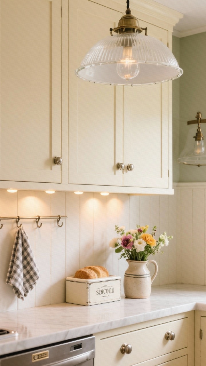 Photorealistic closeup detail of cozy cottage schoolhouse lighting: buttercream cabinets with beadboard backsplash and polished nickel hardware. A white glass semi-flush mount is visible above, with matching schoolhouse pendant over the bar in the background. Warm under-cabinet puck lights highlight the beadboard texture. Include gingham towels draped on a hook, a vintage bread box, and fresh-cut flowers in a ceramic pitcher.