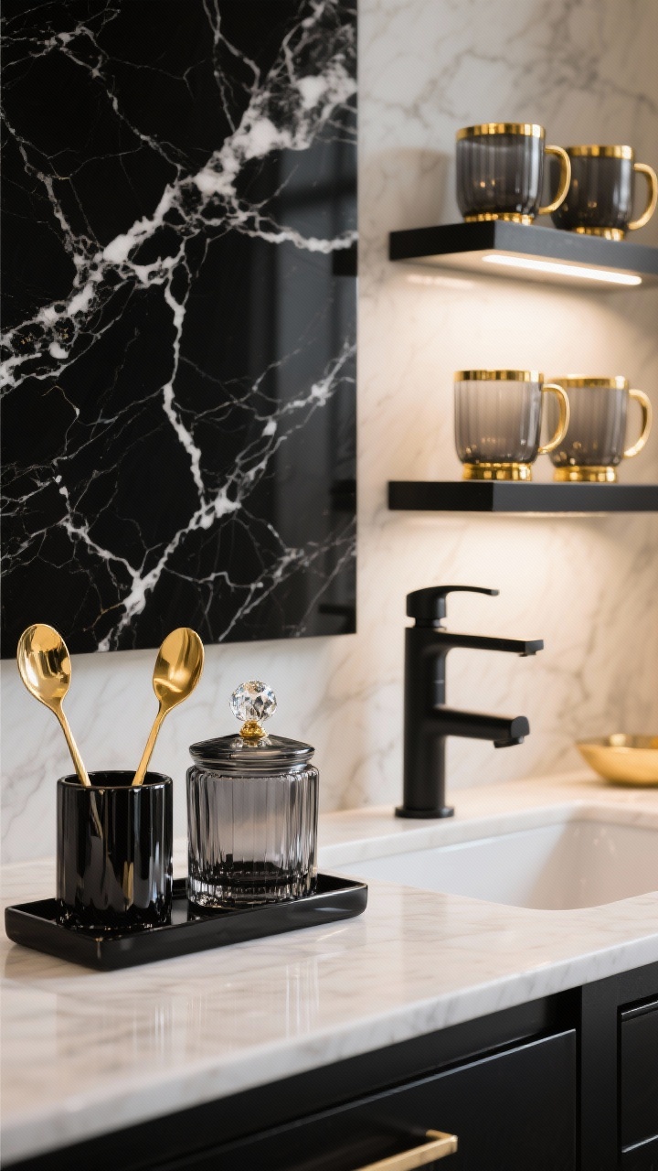 Photorealistic closeup detail of high-contrast glam: black marble board with dramatic veining centered on a counter, smoked-glass canisters with crystal-like knobs, gold bar spoon set in a glossy black holder; crystal soap dispenser and matte black faucet sprayer attachment by the sink; gilded rim mugs on a narrow shelf; soft spotlighting with luxurious highlights; palette of black, gold, smoked glass, ivory.