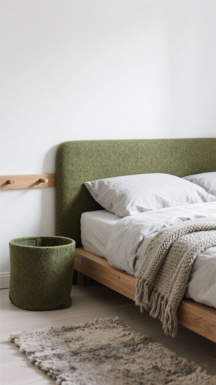 Photorealistic closeup detail of Minimalist Scandinavian Calm textiles and materials: soft white wall backdrop, warm wood edge of a simple platform bed, felt headboard texture, textured wool rug fibers, knit throw draped over linen bedding in pale gray and forest green accents; felt storage bin and a wooden wall rail with pegs visible; soft diffuse natural light emphasizing calm, pared-back Nordic mood.