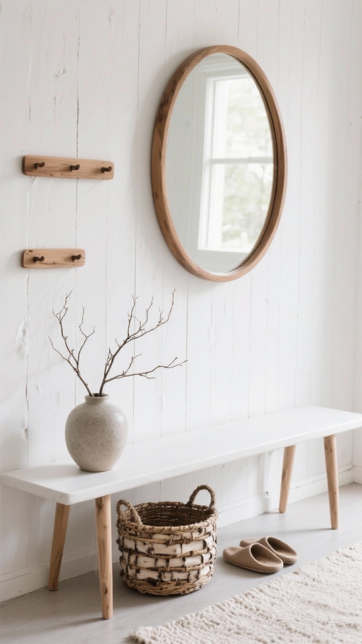 Photorealistic closeup detail of Scandinavian rustic textures: whitewashed wall with a crisp round oak-framed mirror reflecting soft daylight; slim white-oak bench with tapered legs below; trio of wooden wall pegs nearby; pale textured wool runner edge in frame; woven birch basket for slippers under the bench; single stoneware vase with airy branches; bright, serene, minimal palette.