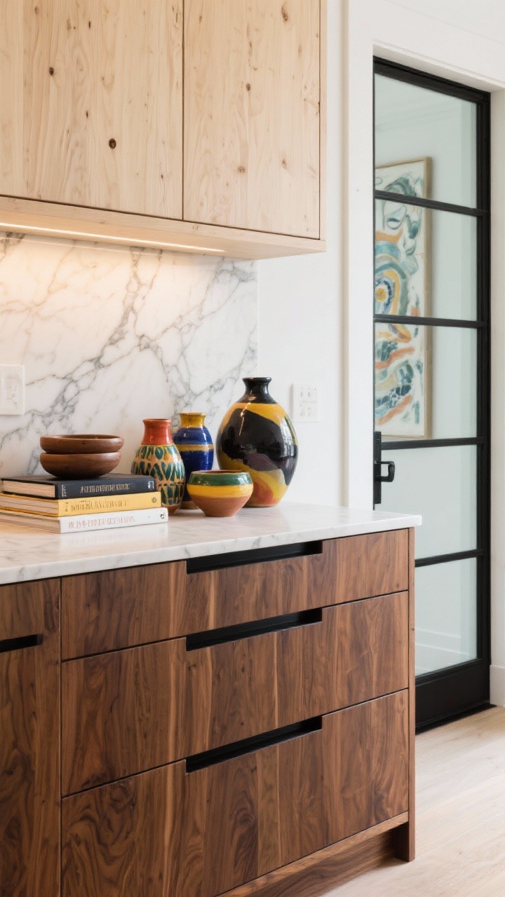 Photorealistic closeup detail of two-tone wood cabinetry: walnut lower drawers with slim matte black pulls meeting bleached maple uppers; veined marble slab backsplash showcased like art; through a glass door, colorful pottery and hand-thrown bowls; stacked cookbooks and a funky vase on counter; palette walnut, light maple, black, marble veining; soft gallery-style lighting