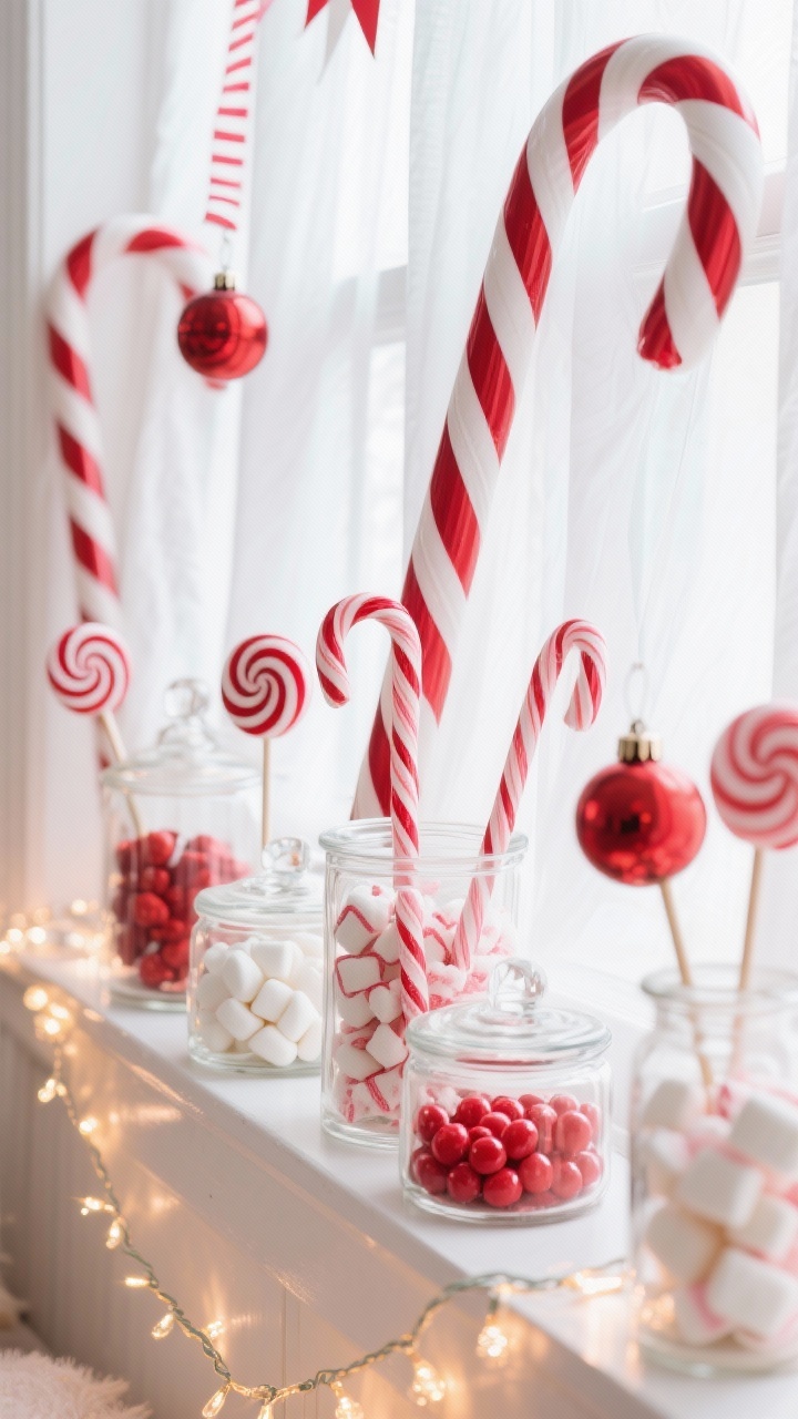 Photorealistic closeup/detail of Whimsical Candy Cane Lane: crisp white drapery background; red-and-white striped ribbons, candy cane picks, and peppermint swirl ornaments clustered; on the sill, glass apothecary jars filled with peppermint puffs, red gumdrops, and marshmallows; a thread of warm twinkle lights weaving through like sugar sparkle; festive, bright lighting.