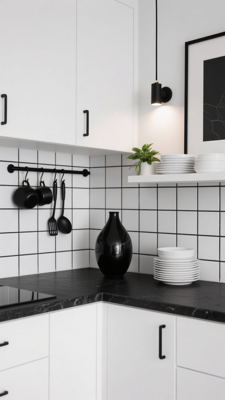 Photorealistic closeup/detail shot of a High-Contrast Monochrome Grid: crisp white cabinet fronts meeting a black countertop; tiled white backsplash with bold black grout creating a perfect grid; matte black pot rail with hanging utensils, black-framed artwork edge visible; linear sconce casting directional light across the grid; a single black vase and stacked white dishes on an open shelf; one green plant for a touch of life; sharp, graphic focus; straight-on tight crop.