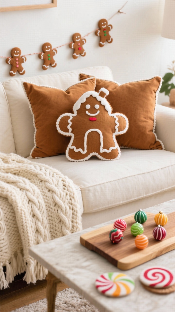 Photorealistic closeup detail: toffee and cinnamon-toned pillows with white piping like icing, plus a statement gingerbread-house pillow centered on the couch. A cream cable-knit throw draped over the seat. Mini felt gingerbread men garland lines the couch back. On the coffee table, a wooden cutting board styled with gumdrop-colored ornaments. Palette: caramel, cream, gumdrop brights. Textures: cable knit, felt, wood. Candy-striped coasters peeking into frame.