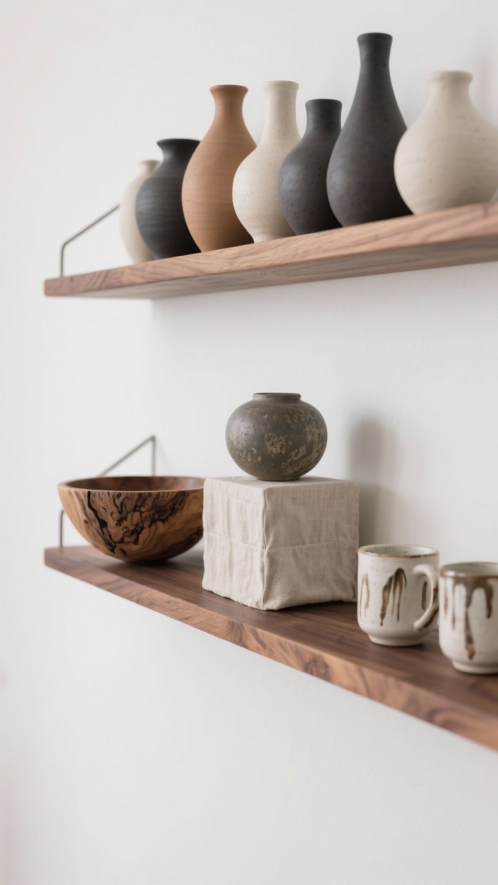 Photorealistic closeup gallery shelf, straight-on: a walnut rail shelf against a white backdrop showcasing artisanal pottery. Cluster matte stoneware vases in charcoal, clay, and cream; a live-edge wood bowl; a linen-covered plinth elevating a special piece; and hand-thrown mugs with visible brush strokes. Emphasis on glaze variation and texture, soft diffuse studio lighting.