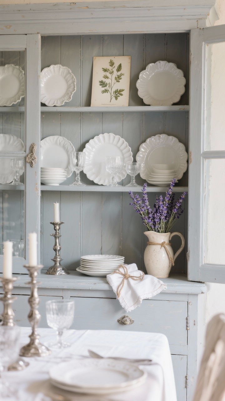 Photorealistic closeup/medium hutch interior, straight-on: a French country dining hutch painted soft dove grey displaying white scalloped dishes and delicate glassware. Accents include aged silver candlesticks, pressed botanical prints leaned at the back, linen napkins tied with twine, and a ceramic pitcher filled with a bundle of dried lavender. Creams and antique sparkle, gentle diffuse daylight.