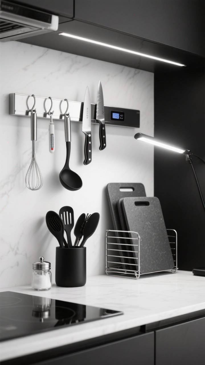 Photorealistic closeup of a sleek monochrome chef’s nook: slim stainless steel rail holding tongs, ladles, and a digital thermometer above a prep zone; thin-profile magnetic knife strip with chef’s knives; stainless lidded salt cellar, black silicone utensil set, and graphite cutting boards stored vertically in a steel file rack; clip-on LED task light casting crisp illumination; palette of black, stainless, and white.