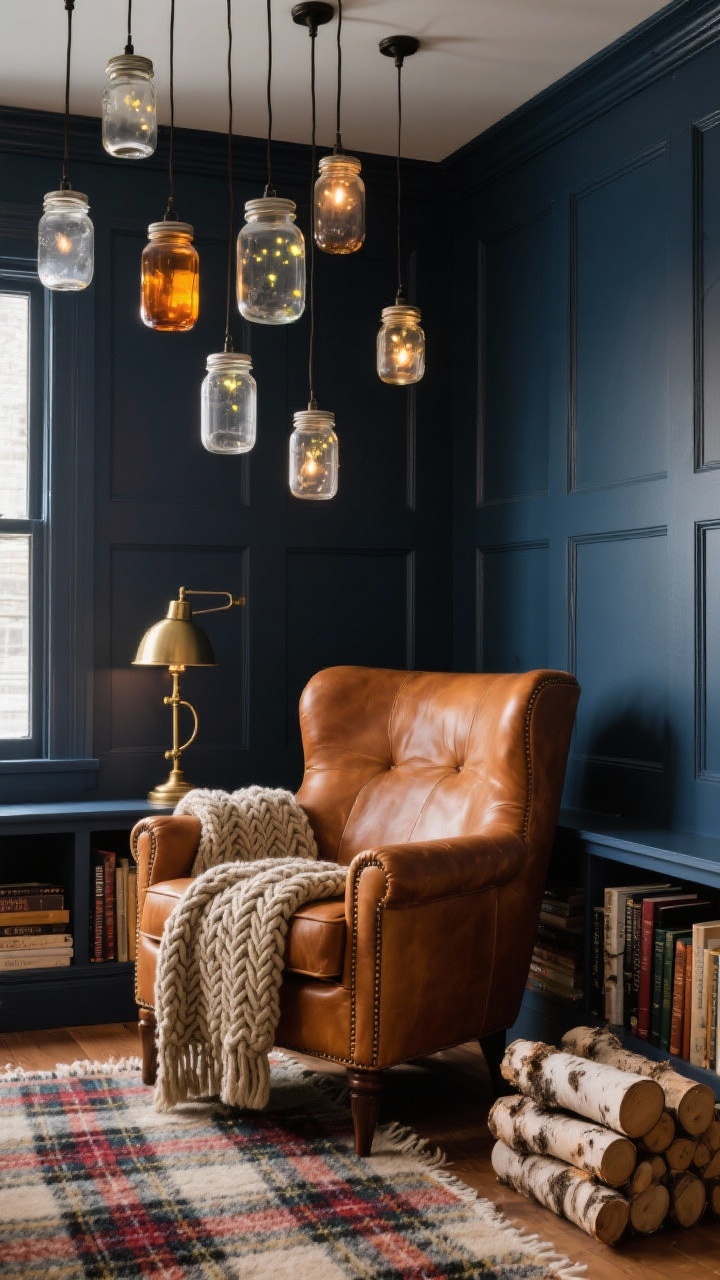 Photorealistic closeup reading corner: caramel leather club chair with a cable-knit throw, brass pharmacy lamp beside; overhead cluster of mason jar pendants like fireflies, jars tinted smoke, amber, and clear; navy paneled wall backdrop, tartan wool rug peeking below; built-in shelves with well-loved novels and a stack of birch logs; warm, intimate glow; tight framing on textures.