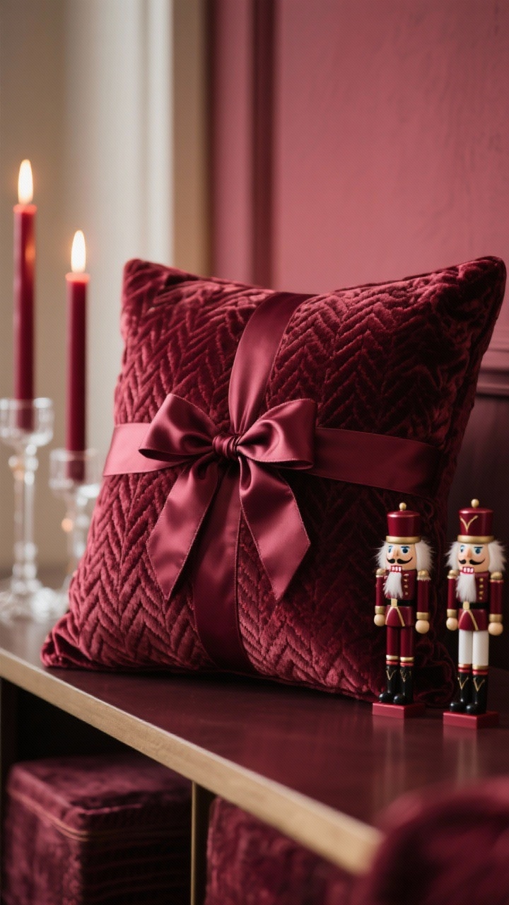 Photorealistic closeup texture study: monochrome deep burgundy scheme—velvet pillow with tone-on-tone herringbone and jacquard patterns, a satin ribbon bow tied at the center cushion like a gift. In the softly blurred background, two small nutcracker figures stand on the console. Burgundy taper candles in clear glass holders glow gently. Palette: burgundy on burgundy with subtle sheen. Textures: velvet, jacquard, satin ribbon. Rich, warm lighting.
