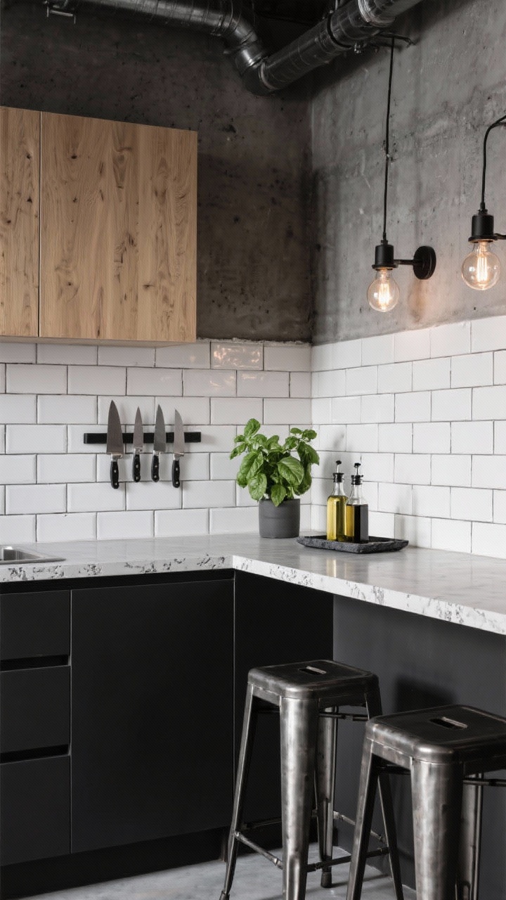 Photorealistic corner medium shot: concrete-look countertop with subtle mottling; white square-tile backsplash with charcoal grout lines; flat-front black lower cabinets and light oak uppers; metal stools tucked under the counter, a magnetic knife strip on the wall, and exposed-bulb sconces; minimal decor with a basil plant and a slate tray holding oils; moody industrial loft vibe.