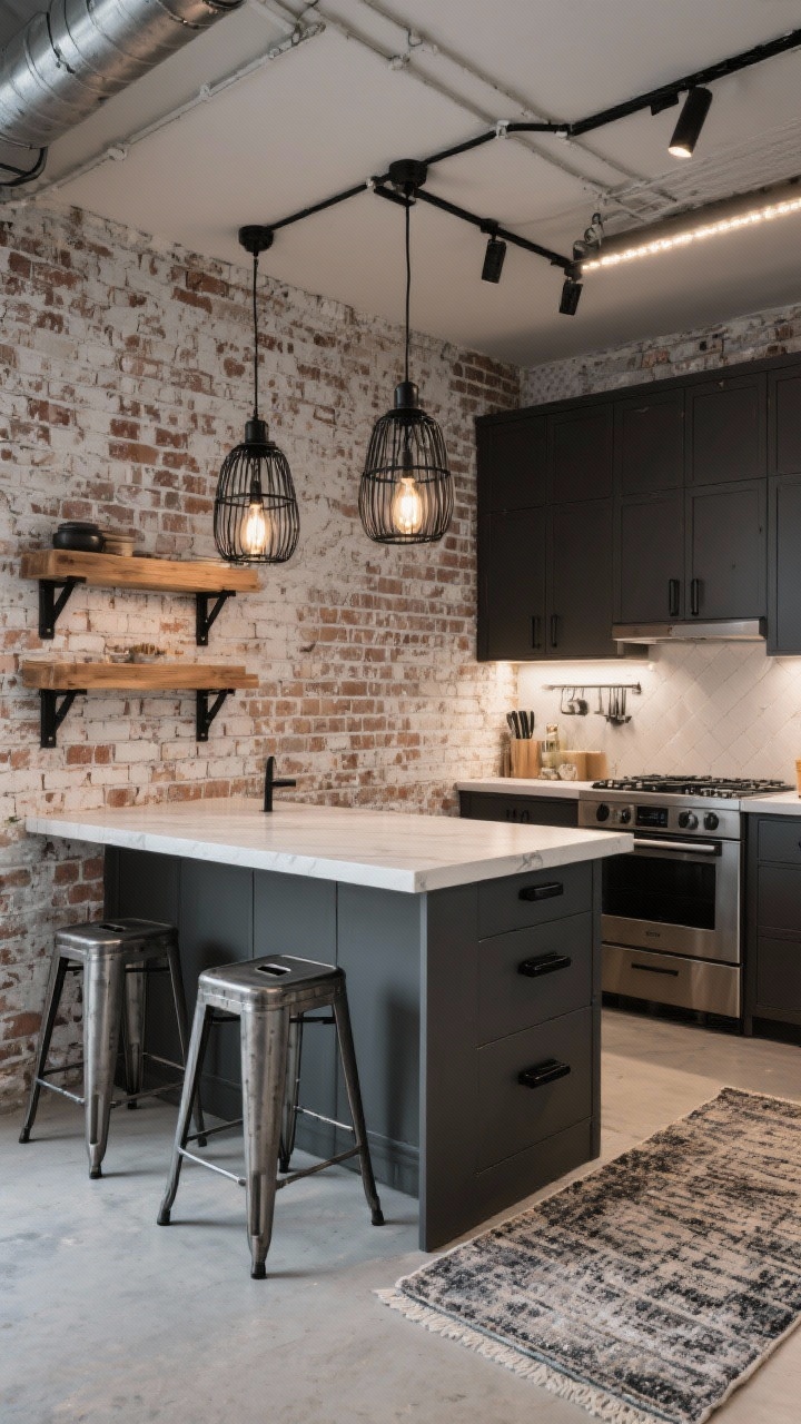 Photorealistic corner wide shot of an industrial loft-style kitchen: exposed brick peel-and-stick wallpaper backdrop, charcoal lower cabinets, reclaimed-look wood shelves with black brackets. Two black caged pendants with Edison bulbs hang over an island substitute; a black track light rail aims at cooktop and prep zones. Include forged-metal bar stools, a weathered rug runner, matte black pulls, and subtle LED strips above the uppers grazing the ceiling for industrial glow.